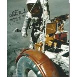 Charlie Duke Apollo 16 moonwalker signed 10 x 8 colour photo on the moon with the moon buggy. Good