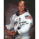 Col Al Worden Apollo 15 CMP signed 10 x 8 colour white space suit photo. Good Condition. All