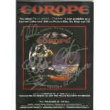 Europe signed A4 colour magazine page. Swedish rock band formed in Upplands Vasby in 1979. Signed by