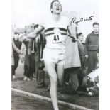 Roger Bannister signed 10x8 b/w photo of him completing the 4 minute mile. (23 March 1929 - 3