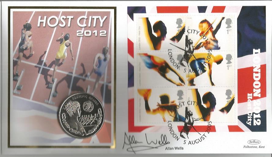 Alan Wells signed London 2012 Host City coin cover. Benham official FDC PNC, with 2012 Olympic Games