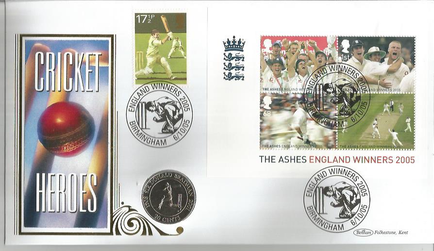 Cricket Heroes The Ashes Winners 2005 coin cover. Benham official FDC PNC, with 2001 Australian