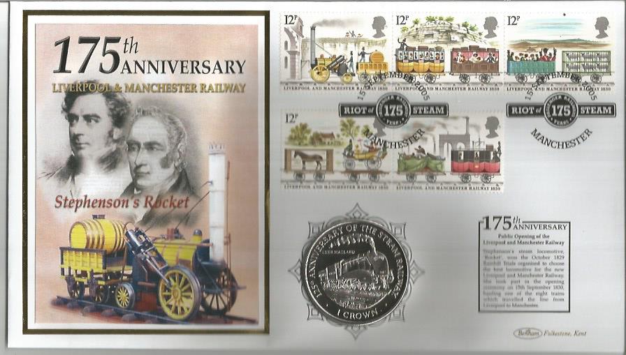 Stephenson's Rocket 175th Anniversary Liverpool & Manchester Railway coin cover. Benham official FDC