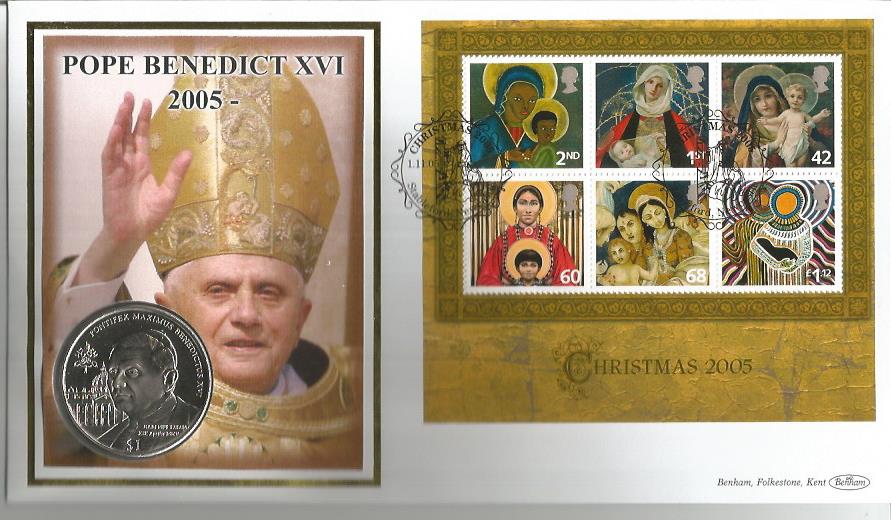 Christmas 2005 Pope John-Paul II coin cover. Benham official FDC PNC, with 2005 Republic of Sierra