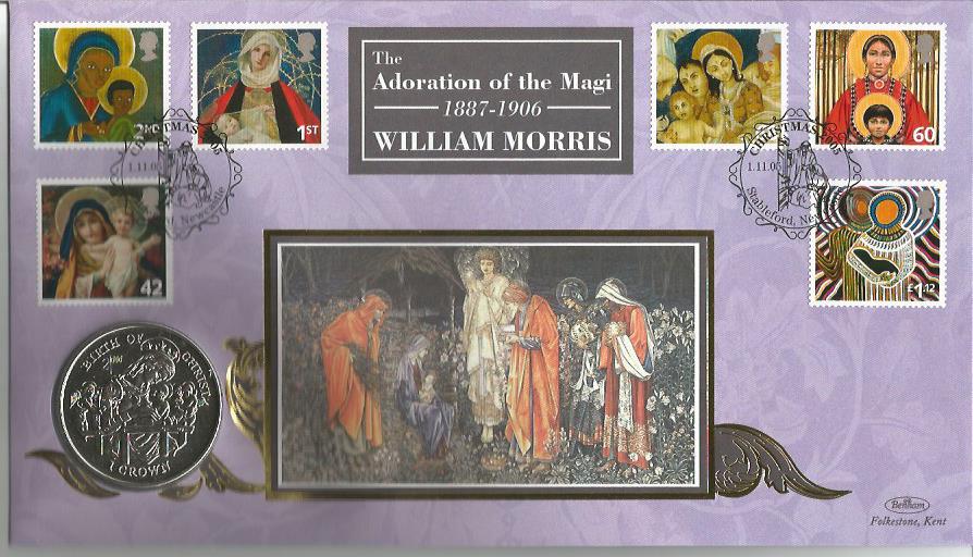 William Morris The Adoration of the Magi coin cover. Benham official FDC PNC, with Isle of Man Crown