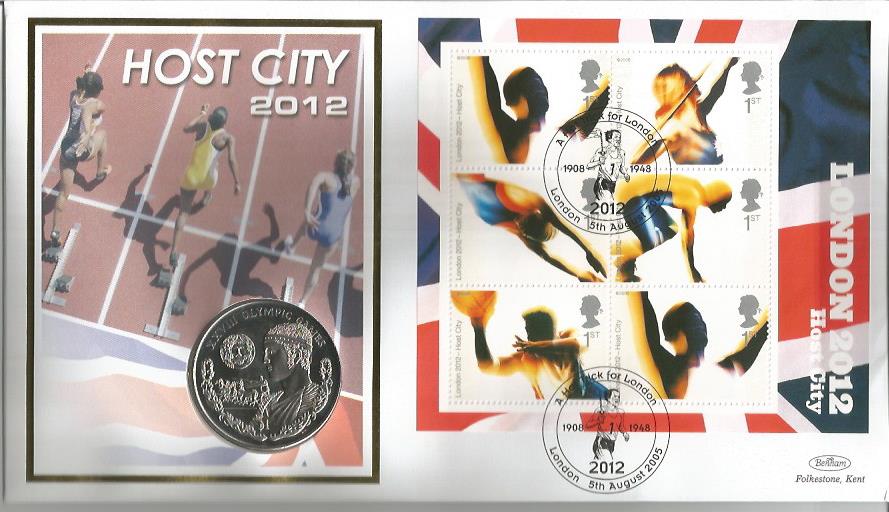 London 2012 Host City 2005 coin cover. Benham official FDC PNC, with 2012 Olympic games British