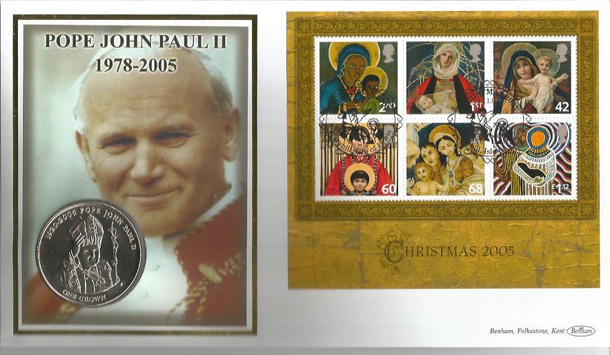 Christmas 2005 Pope John-Paul II coin cover. Benham official FDC PNC, with 2005 Tristan da Cunha