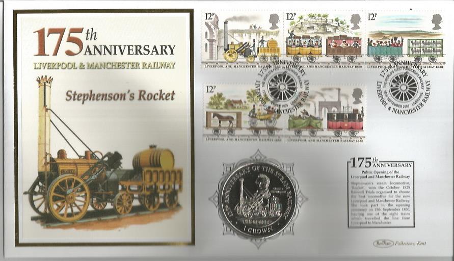 Stephenson's Rocket 175th Anniversary Liverpool & Manchester Railway coin cover. Benham official FDC