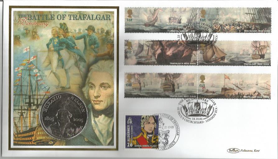 The Battle of Trafalgar Bicentenary coin cover. Benham official FDC PNC, with 2005 £5 Crown inset.