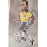 Pele Brazil football legend signed 14 x 9 colour amusing caricature print from a painting by Tim