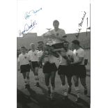Football signed 12 x 8 photo ENGLAND 1961, b/w depicting England`s Johnny Haynes being chaired by