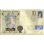 Queen Mother Benham official coin FDC. One florin coin inset. Double postmarked Westminster and