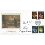 Margaret Thatcher, Ken Clarke, Ken Baker signed 1989 Anniversaries PPS Silk FDC. Good Condition. All