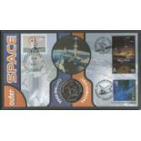 Cutting Edge Technology, outer space coin FDC PNC. Isle of Man 1 crown coin inset. Triple postmarked