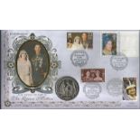 HM Queen Elizabeth Queen Mother 2000 Benham Coin FDC PNC. 1 crown coin inset. 3 postmarks Douglas,