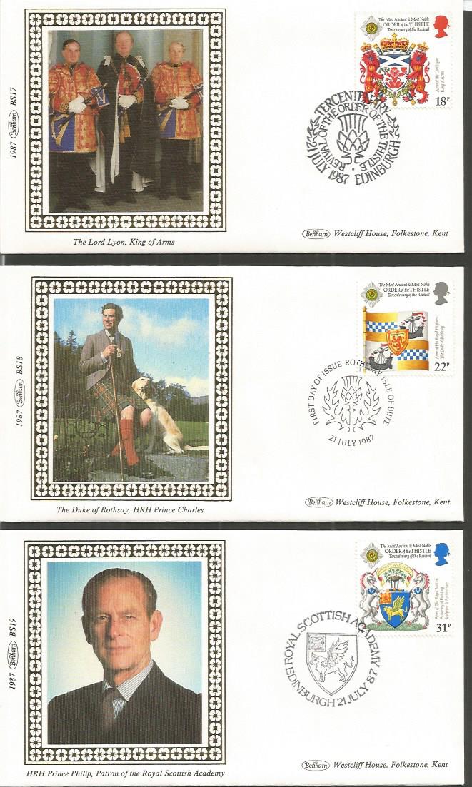 Benham 1987 small silk FDC collection in blue suede album. St Johns Ambulance Brigade 1987 BS13, 14, - Image 2 of 5