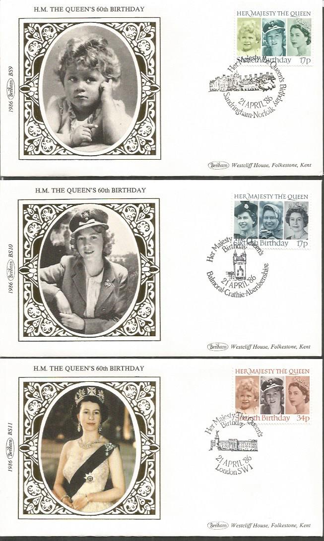 Benham 1986 small silk FDC collection in blue suede album. HM The Queens 60th Birthday 1986 BS9,