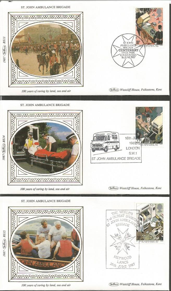 Benham 1987 small silk FDC collection in blue suede album. St Johns Ambulance Brigade 1987 BS13, 14,