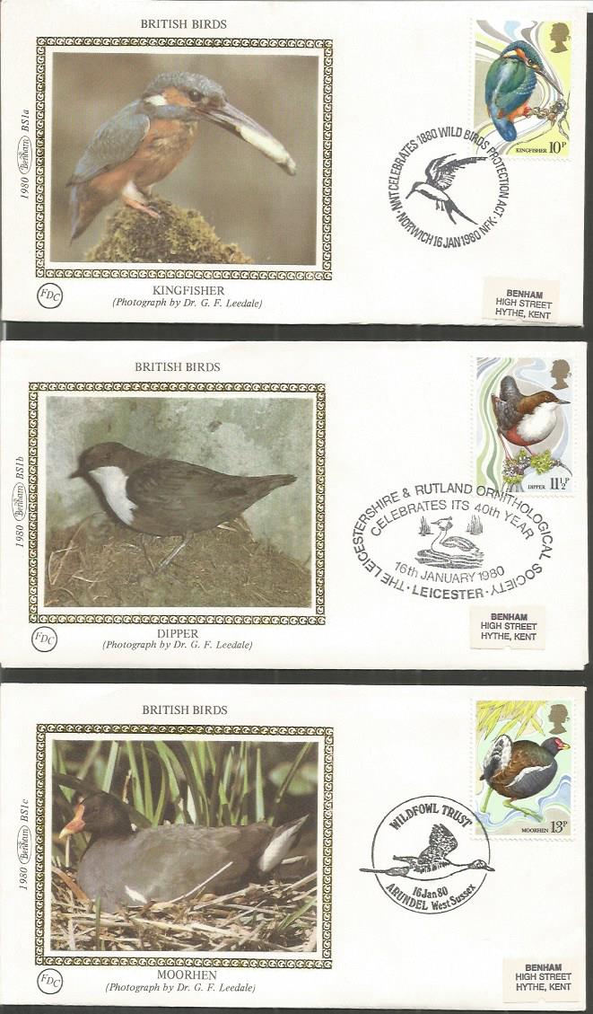 Benham 1980 small silk FDC collection in blue suede album. 1980 British Birds BS1, 1980 150 Years of