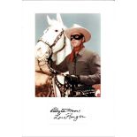 Clayton Moore signature piece mounted below colour photo as The Lone Ranger. American actor best