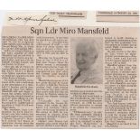 Squadron Leader Miroslav Miro Jan Mansfeld DSO DFC AFC Signature and obituary of Czech