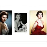 Sophia Loren signed vintage b/w photo. Mounted between 2 colour photos. Loren became an