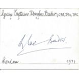 Group Cptn Douglas Bader DSO DFC signed white card. Famous legless WW2 Battle of Britain fighter ace