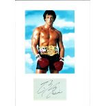 Sylvester Stallone signature piece mounted below colour photo as Rocky. American actor and