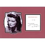 Katherine Hepburn TLS dated12/7/95. Mounted alongside b/w photo. Approx. overall size 16x12.