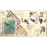 David Wilkie signed Olympic Game FDC. Comes with replica 1908 gold medal inset. Good Condition.