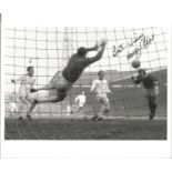 Football Nobby Stiles 10x8 signed B/W photo pictured scoring a rare headed goal for Manchester