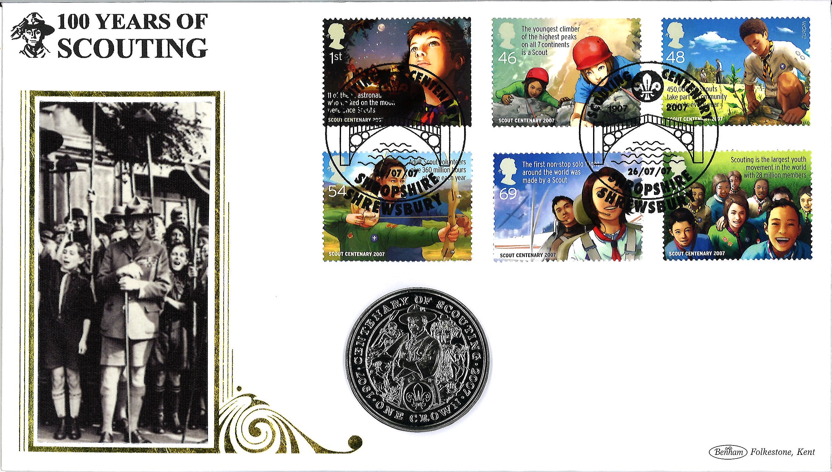 100 Years of Scouting coin cover. Benham official FDC PNC, with 2007 Isle of Man Crown Crown coin