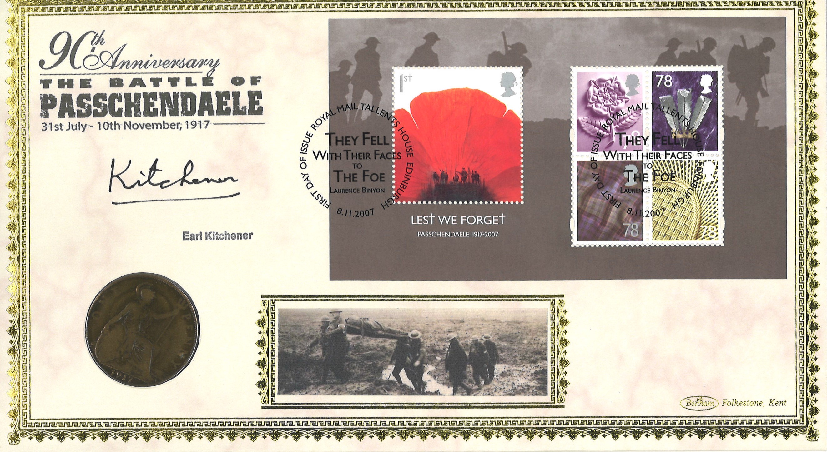 Earl Kitchener The Battle of Passchendaele 90th Anniversary coin cover. Benham official FDC PNC,