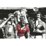 Jimmy Greenhoff Signed 1977 Manchester United Fa Cup Football 8x12 Photo. Good Condition. All signed