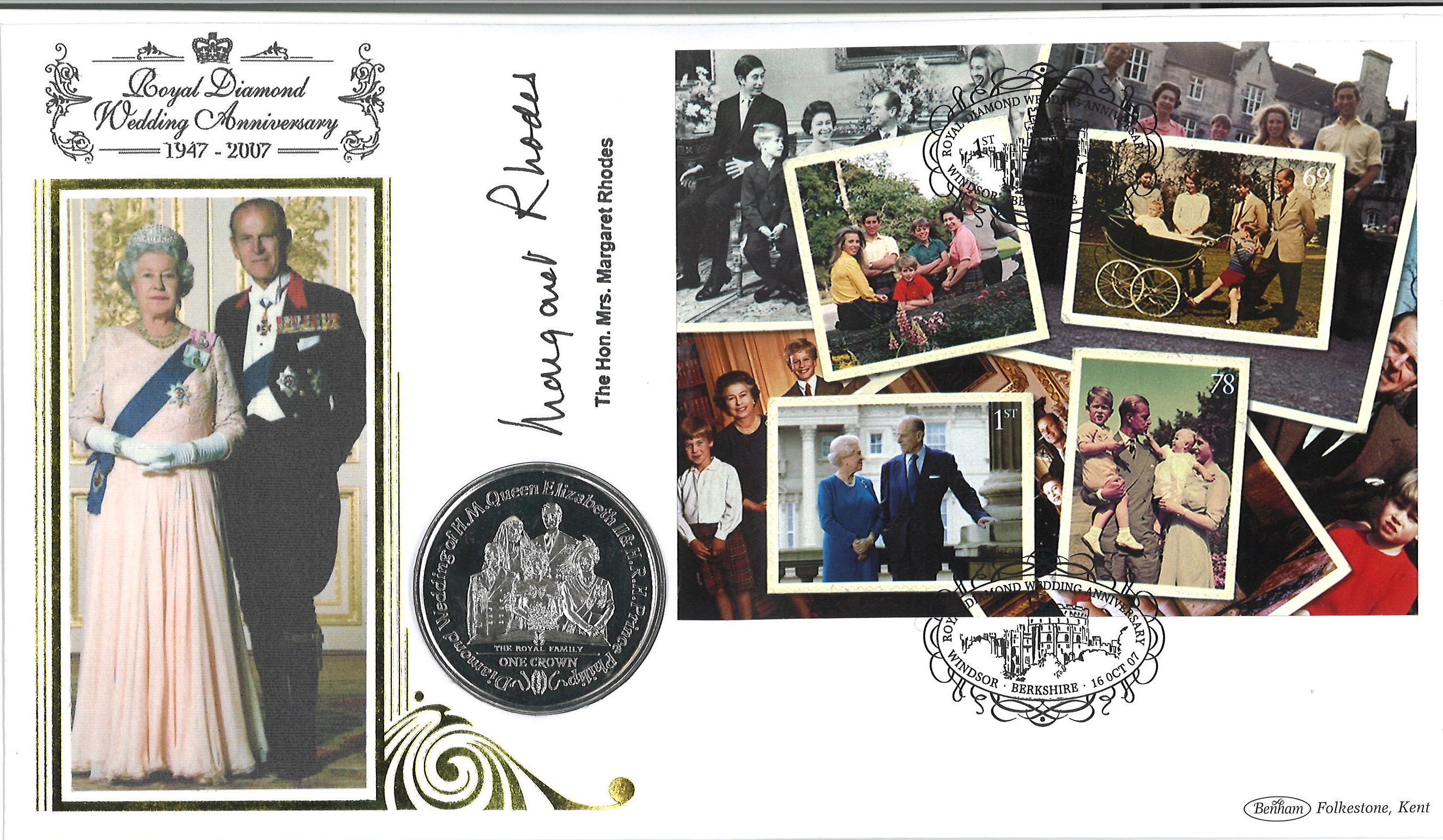 The Hon.Mrs.Margaret Rhodes signed Royal Diamond Wedding Anniversary coin cover. Benham official FDC