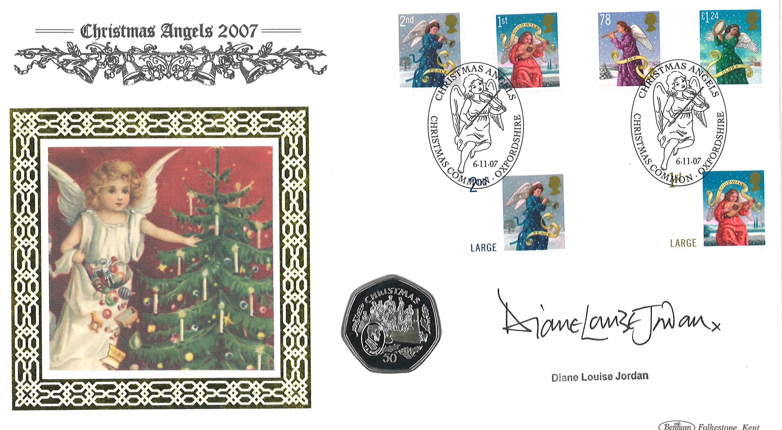 Diane Louise Jordan signed Christmas Angels 2007 coin cover. Benham official FDC PNC, with 1997 Isle