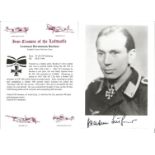 Leutenant Hermmann Buchner 6x4 signed b/w photo Iron cross recipient complete with bio card. WW2