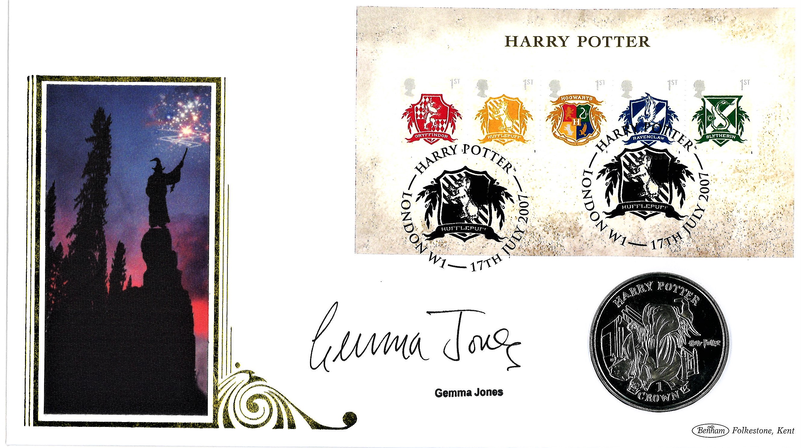 Gemma Jones signed Harry Potter coin cover. Benham official FDC PNC, with 2004 Isle of Man coin