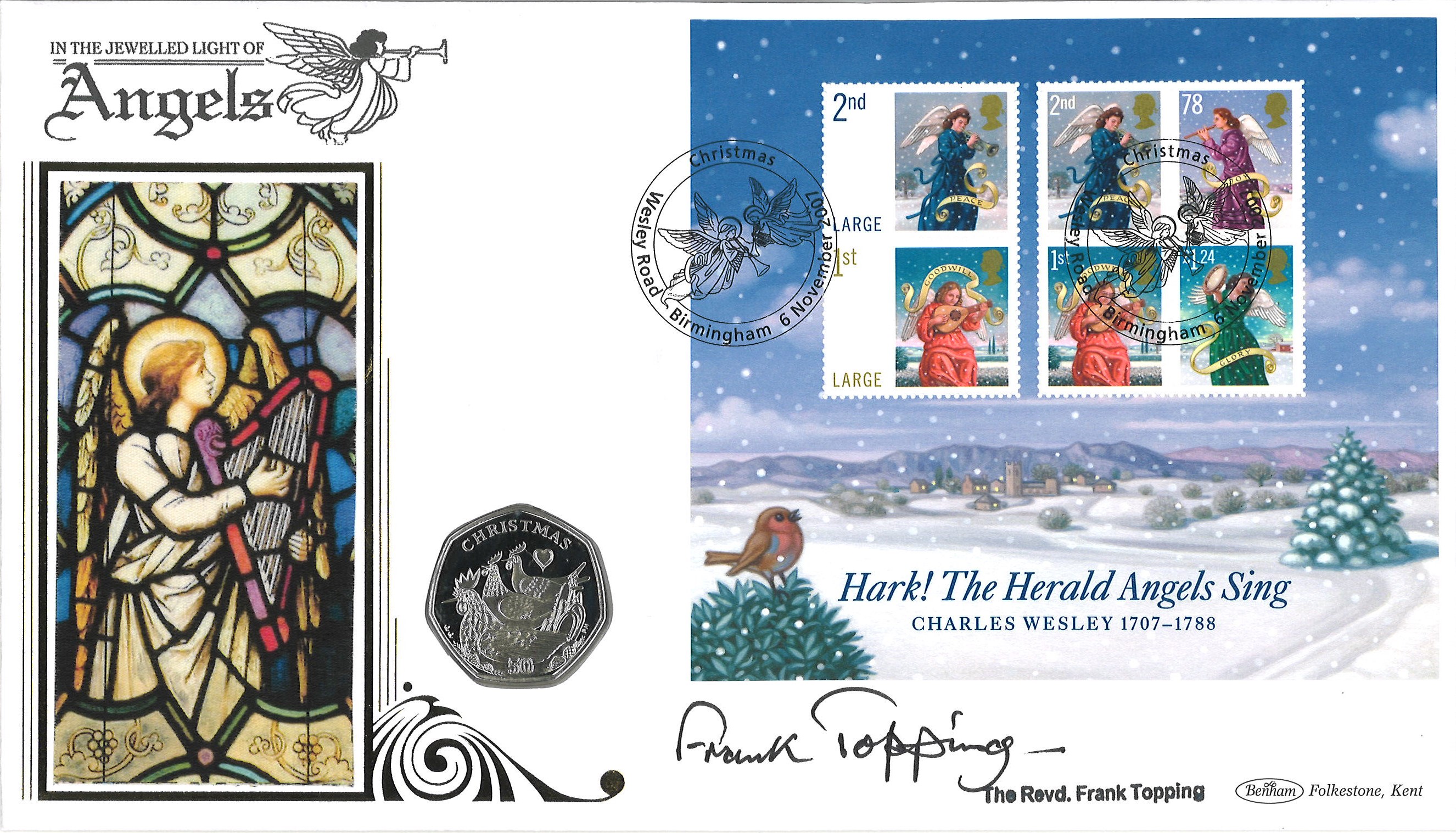 The Revd. Frank Topping signed Angels coin cover. Benham official FDC PNC, with 2007 Isle of Man 50p