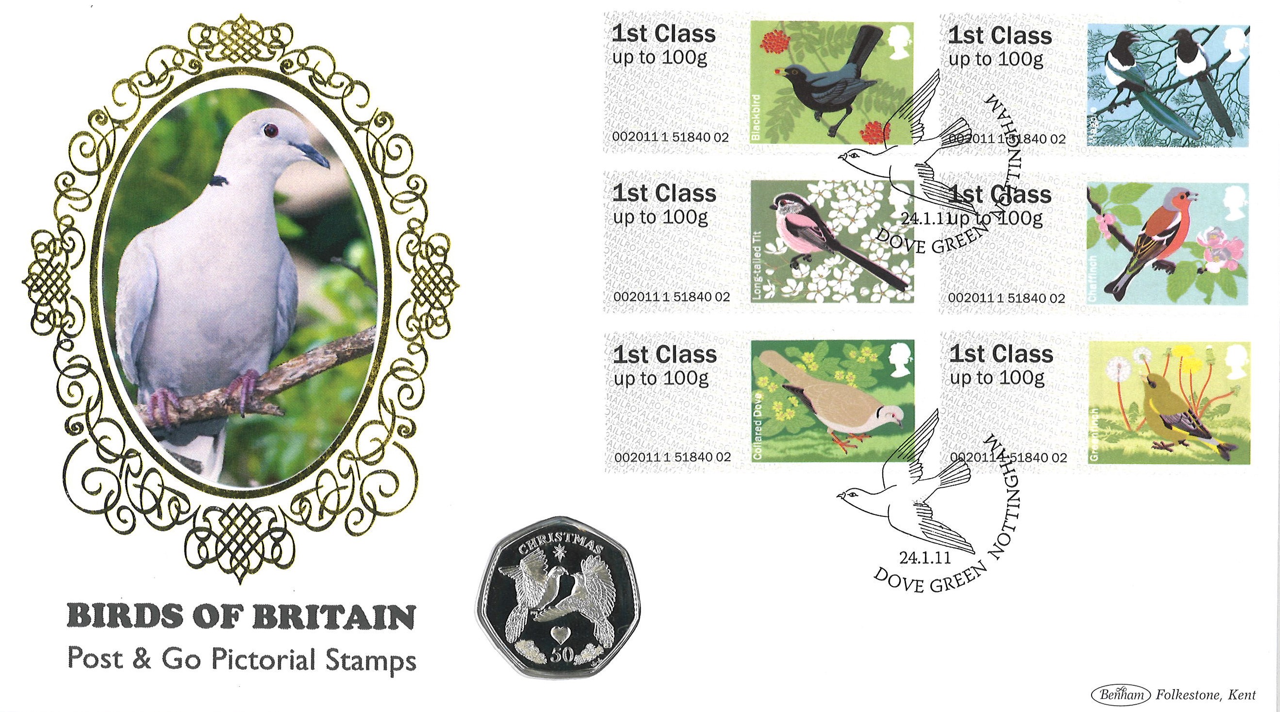 Birds of Britain coin cover. Benham official FDC PNC, with 2006 Isle of Man 50p coin inset. Dove