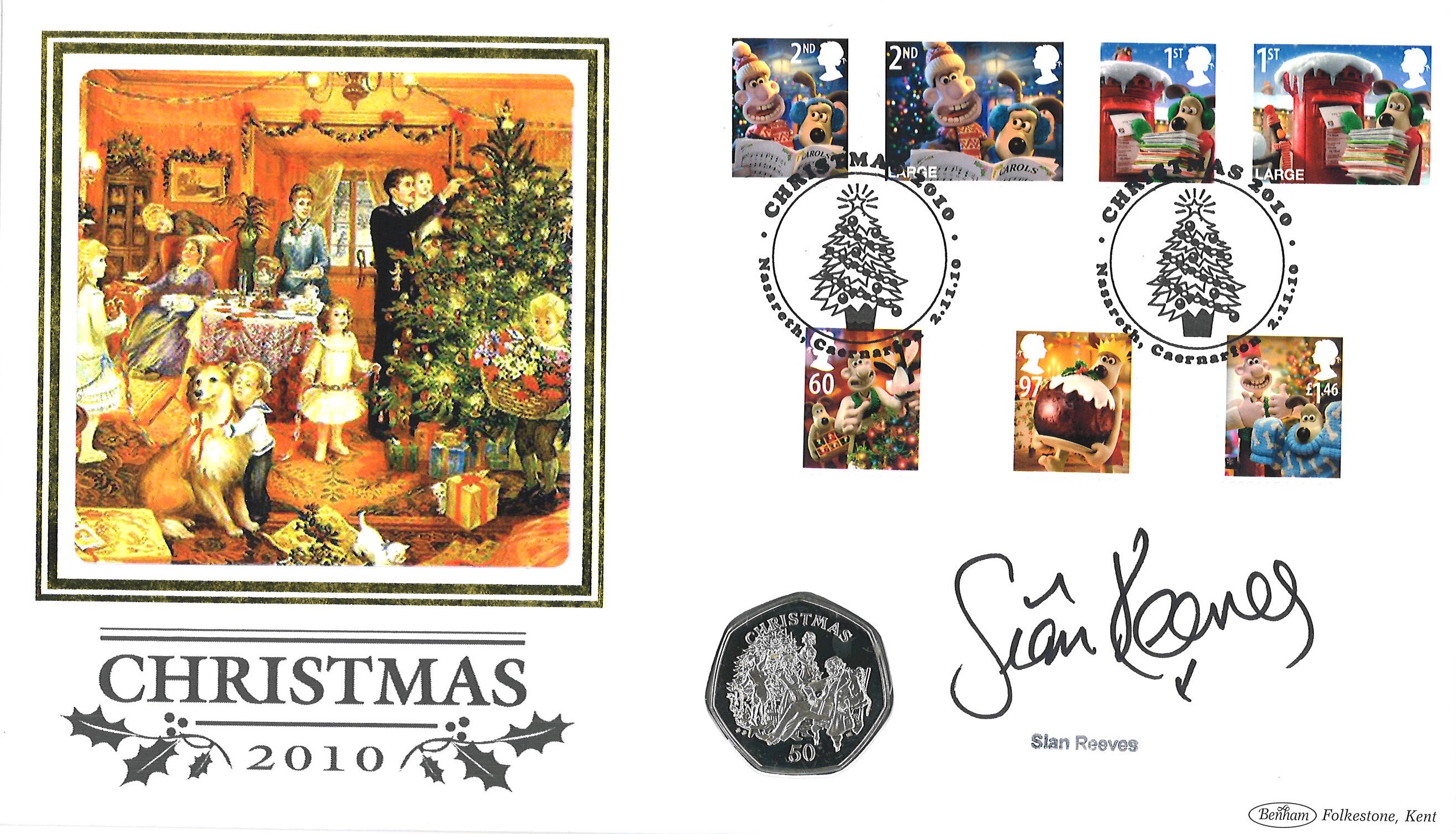 Sian Reeves signed Christmas 2010 coin cover. Benham official FDC PNC, with 2002 Isle of Man 50p