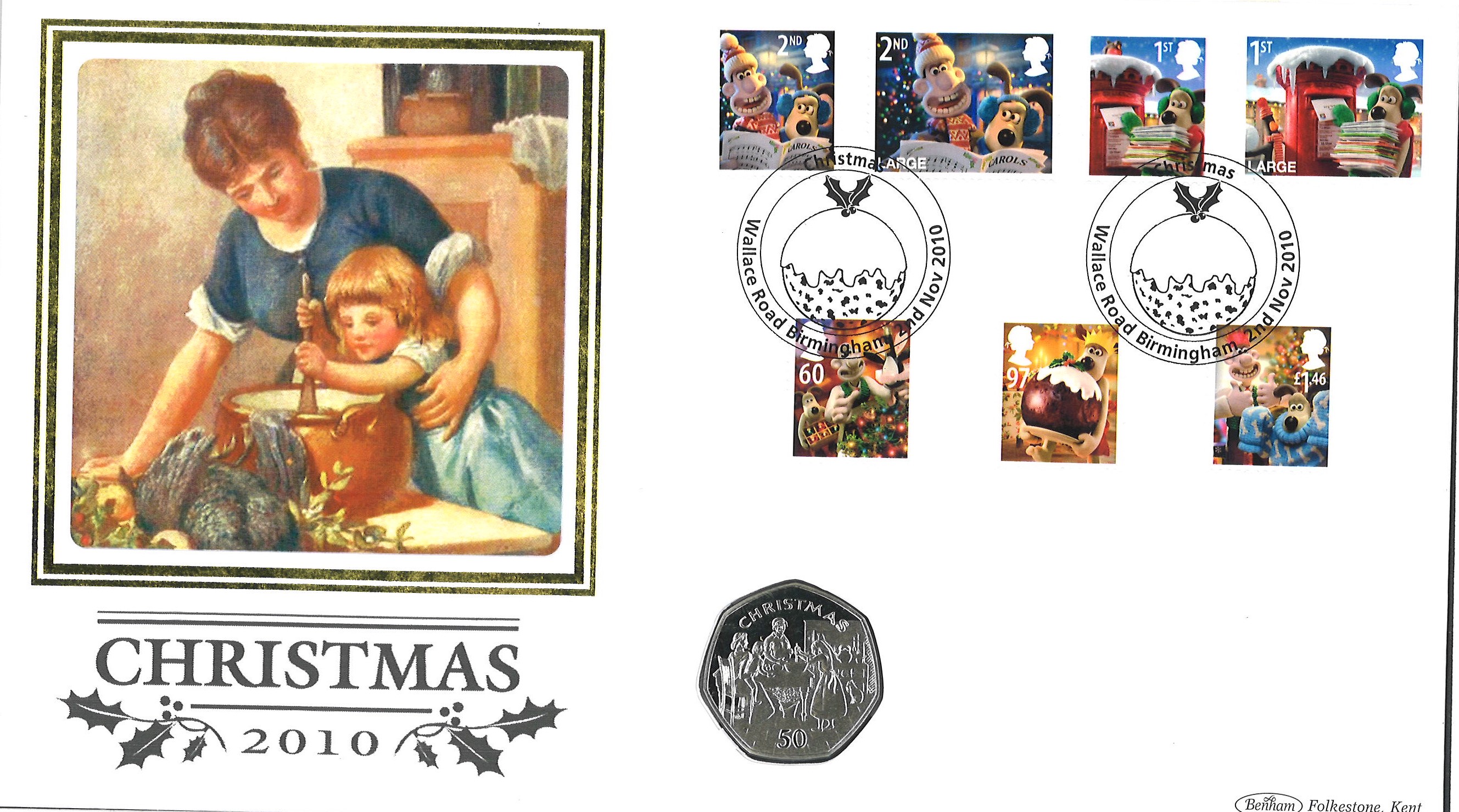 Christmas 2010 coin cover. Benham official FDC PNC, with 2002 Isle of Man 50p coin inset. Wallace