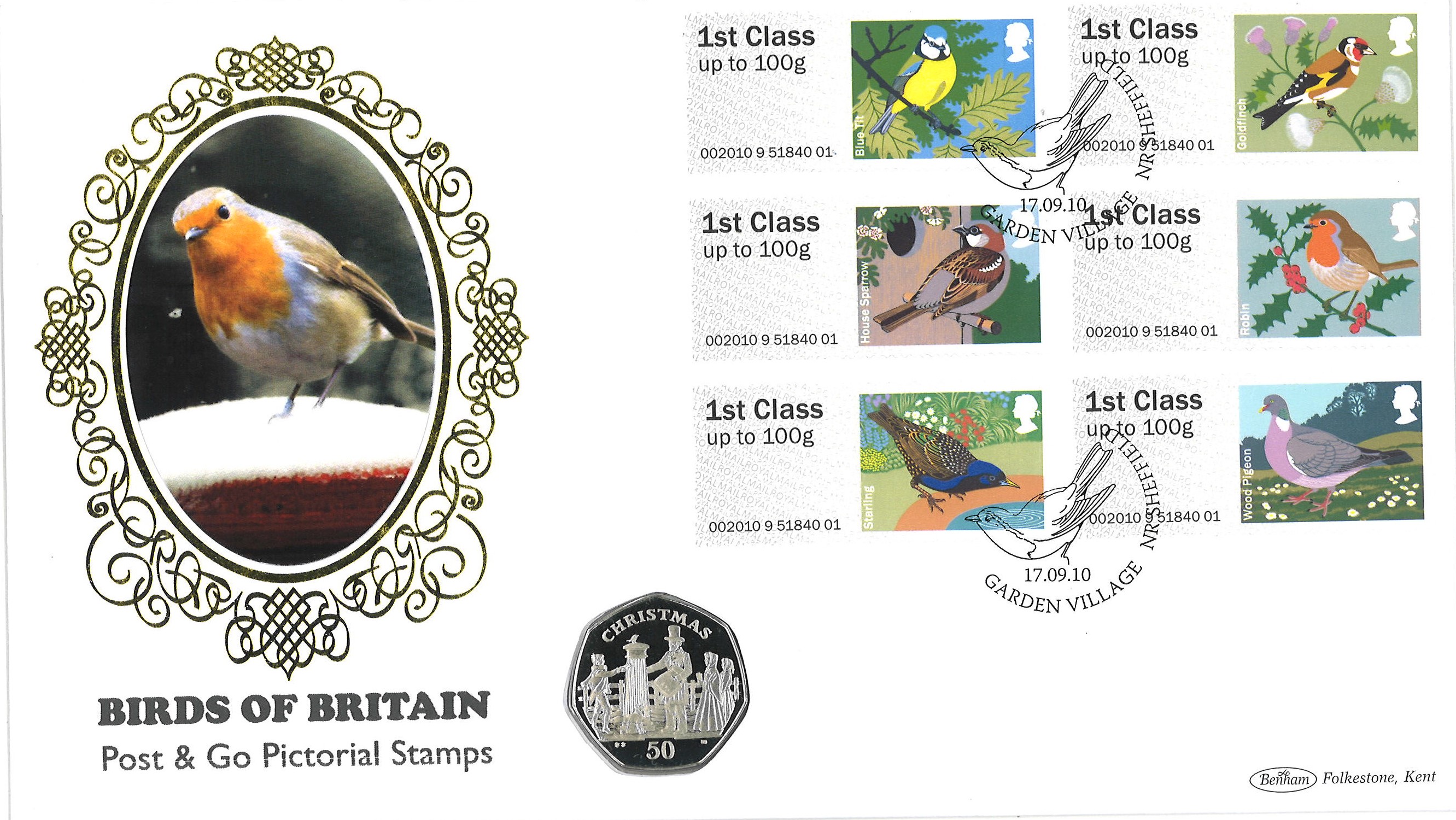 Birds of Britain coin cover. Benham official FDC PNC, with Isle of Man 50p coin inset. Garden