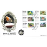 Birds of Britain coin cover. Benham official FDC PNC, with Isle of Man 50p coin inset. Garden