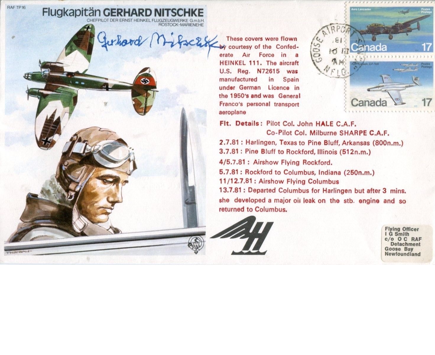 LUFTWAFFE TEST PILOT. Test Pilots series commemorative envelope dedicated to and signed by former