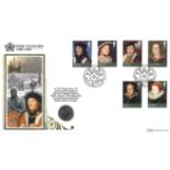 The Tudors coin cover. Benham official FDC PNC, replica Henry Vii silver half Groat coin inset.