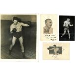 Boxing collection of 10 pieces including 6 signed photos, cigarette cards and album pages signatures