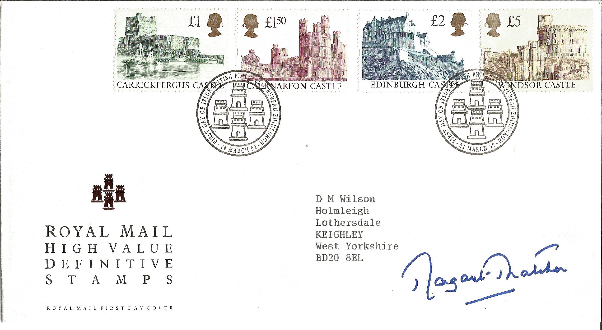 Margaret Thatcher signed High value definitive stamps FDC. 24/3/92 Edinburgh FDI postmark. Good
