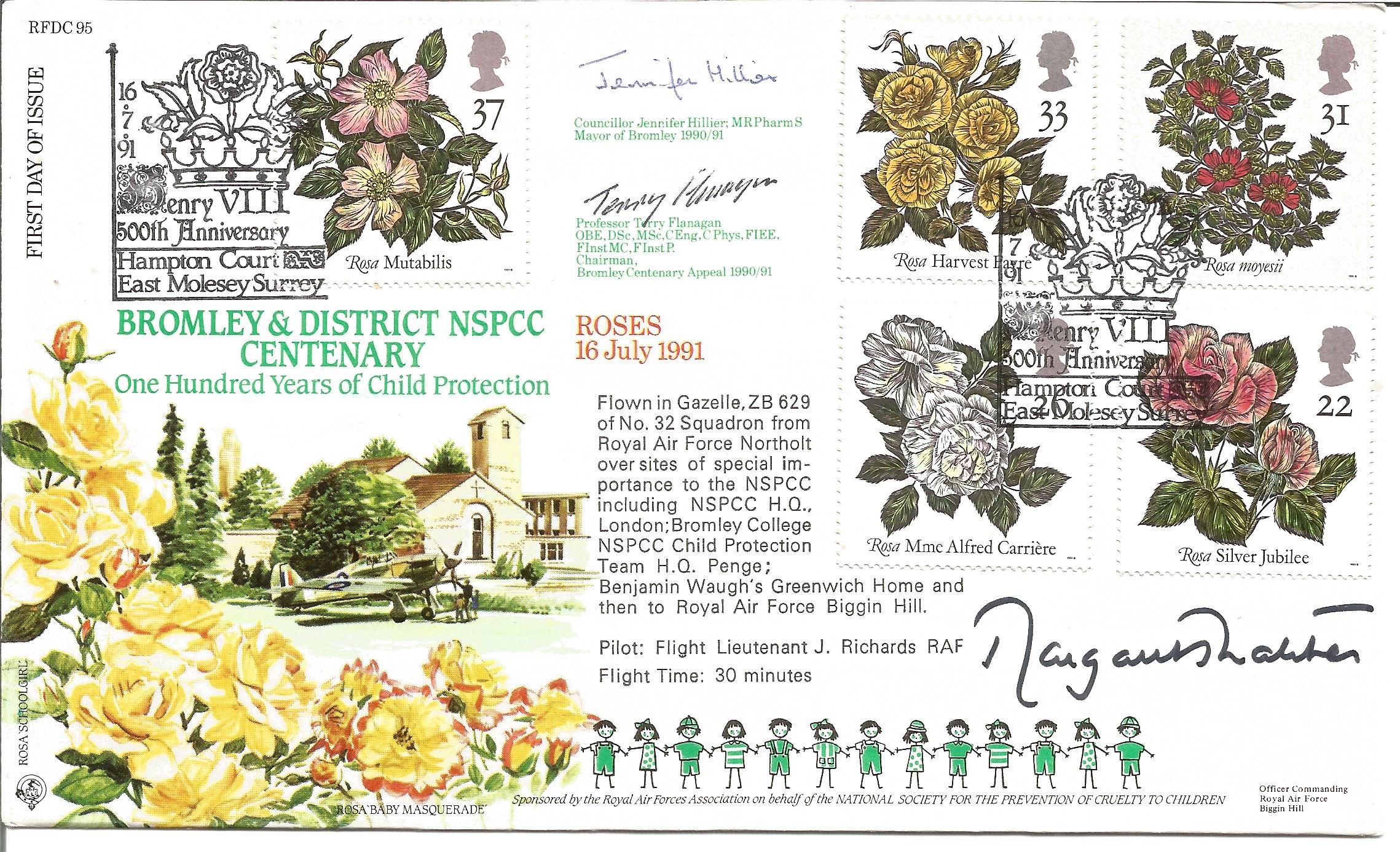 Margaret Thatcher signed Bromley & District NSPCC Centenary FDC. 16/7/91 Hampton Court postmark.