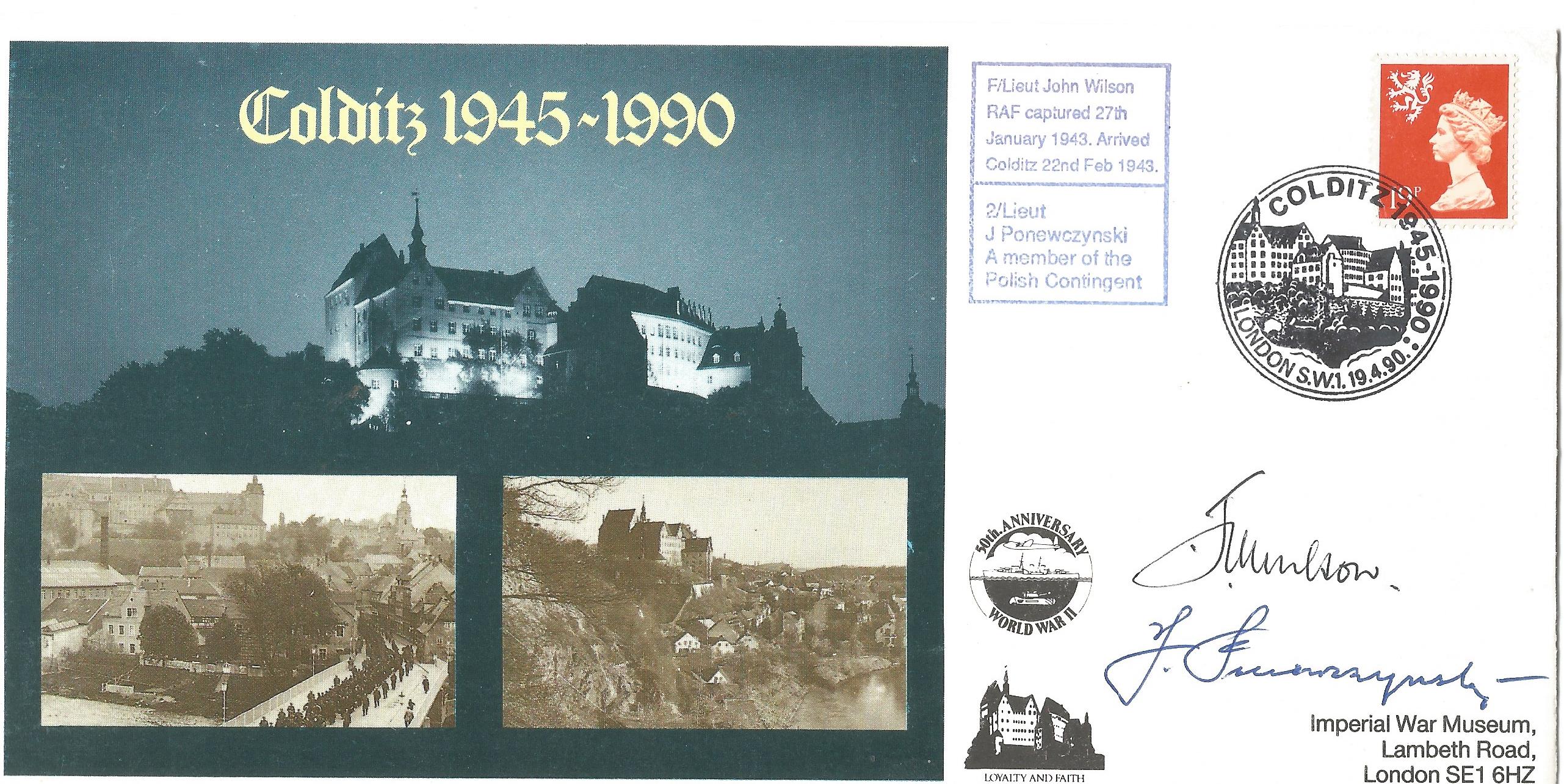 Double signed 45th an Colditz Castle WW2 cover. Signed by former inmates Flt Lt John Wilson 1943, Lt